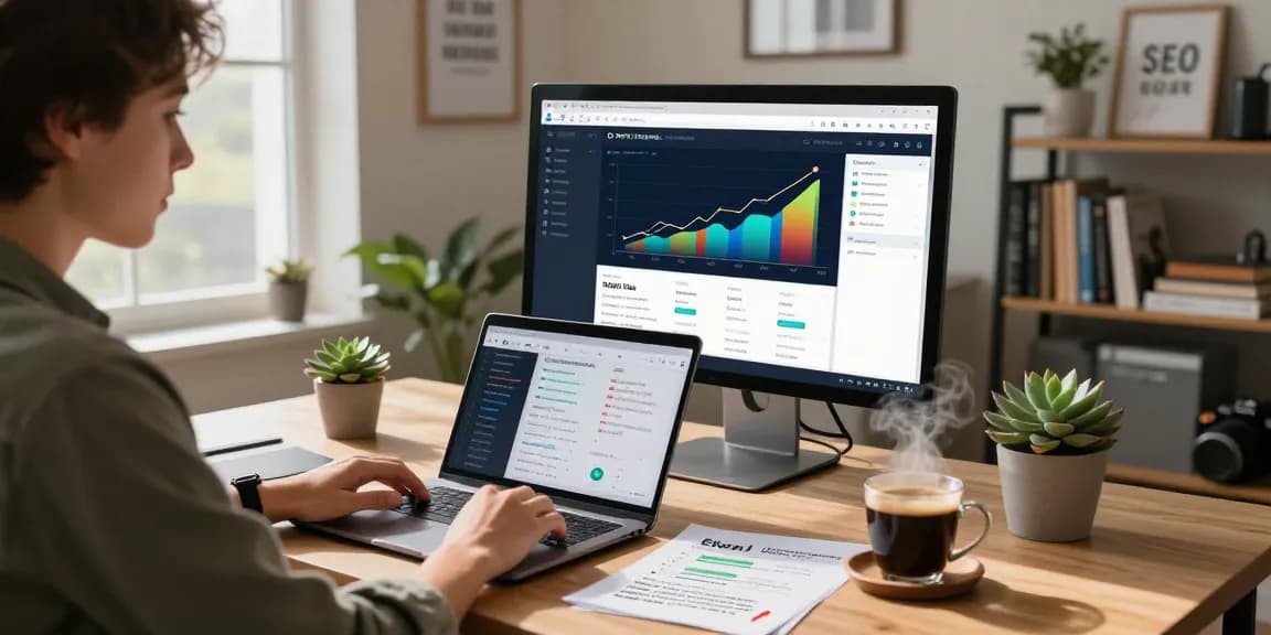 SEO expert leveraging AI SEO tools in a modern home office to optimize digital marketing strategies