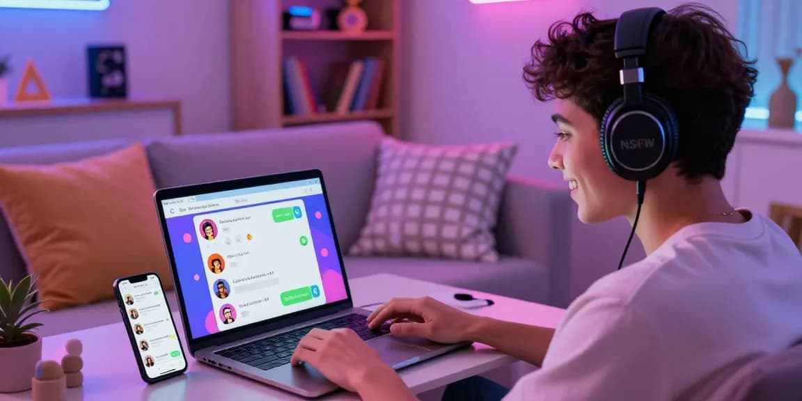 Person enjoying an NSFW AI chat on a modern laptop in a vibrant room setting.