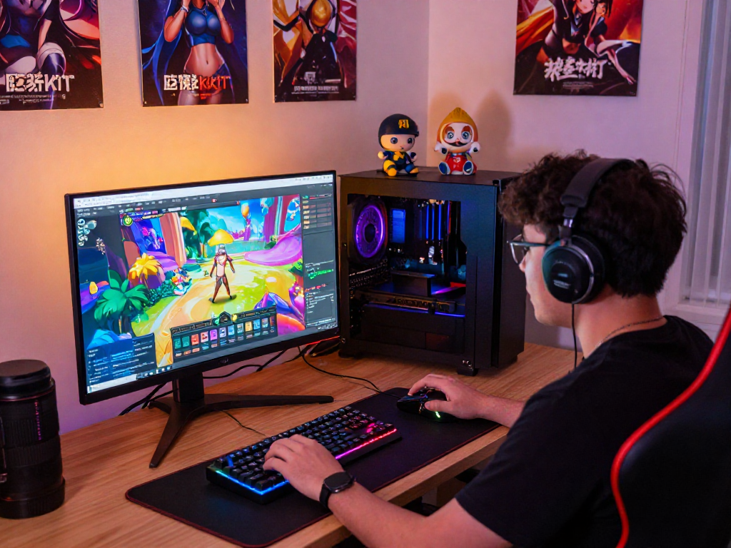 Excited gamer playing hentai games online with a colorful gaming setup.