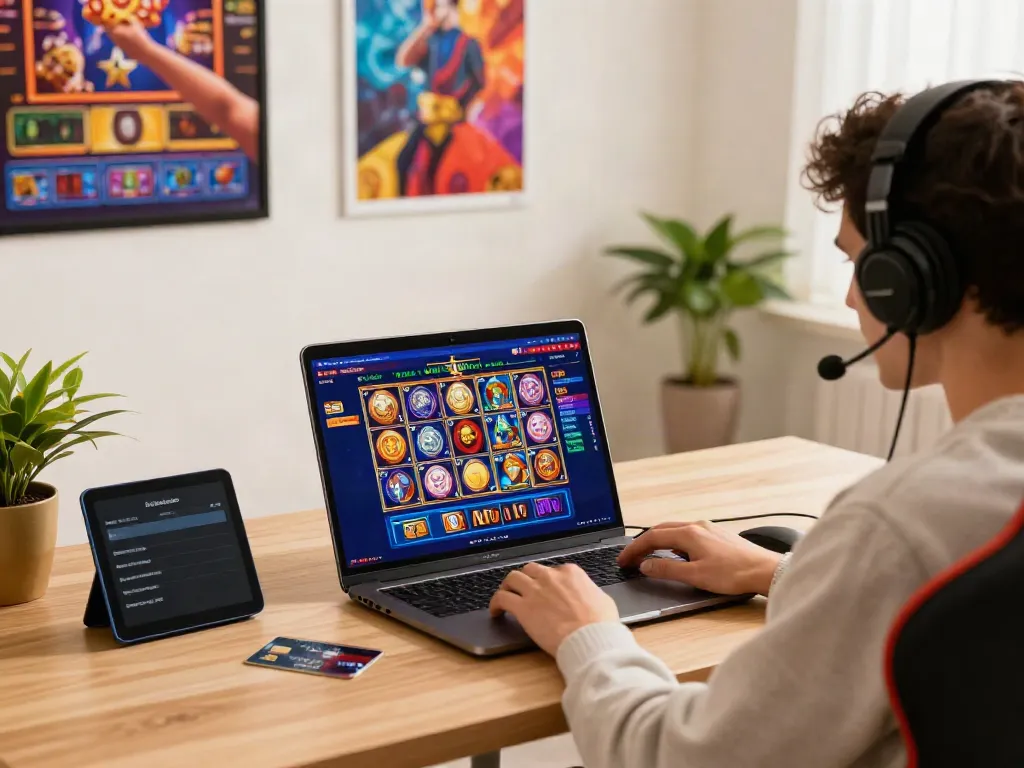 Engaging scene of player interacting with online credit card casinos on laptop with vibrant gaming atmosphere