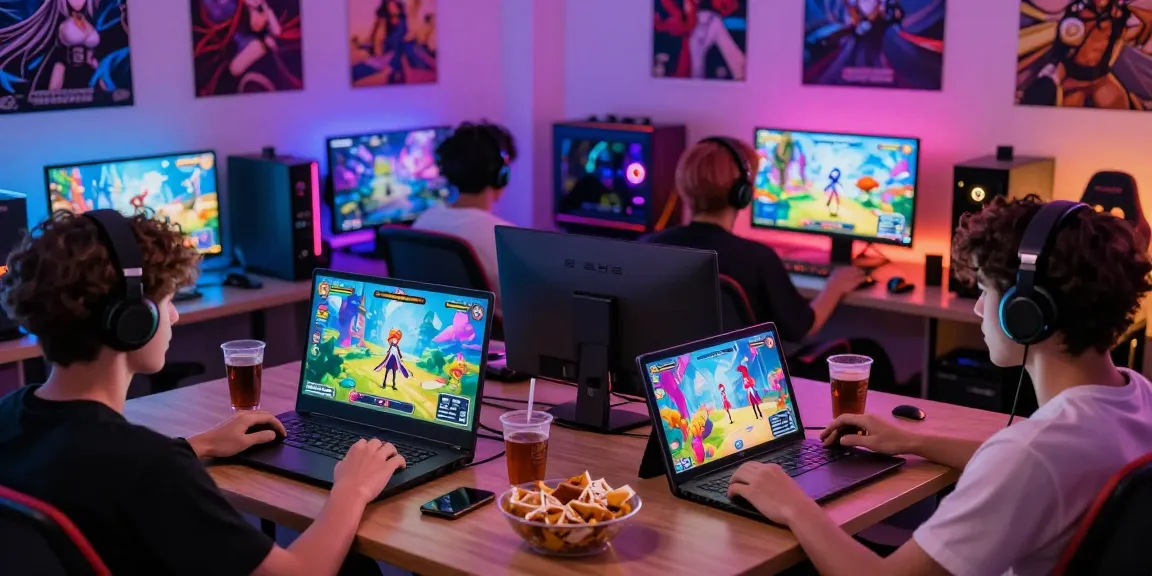 Players enjoying ecchi games on different devices in a cozy gaming setup, showcasing vibrant graphics and an engaging atmosphere.