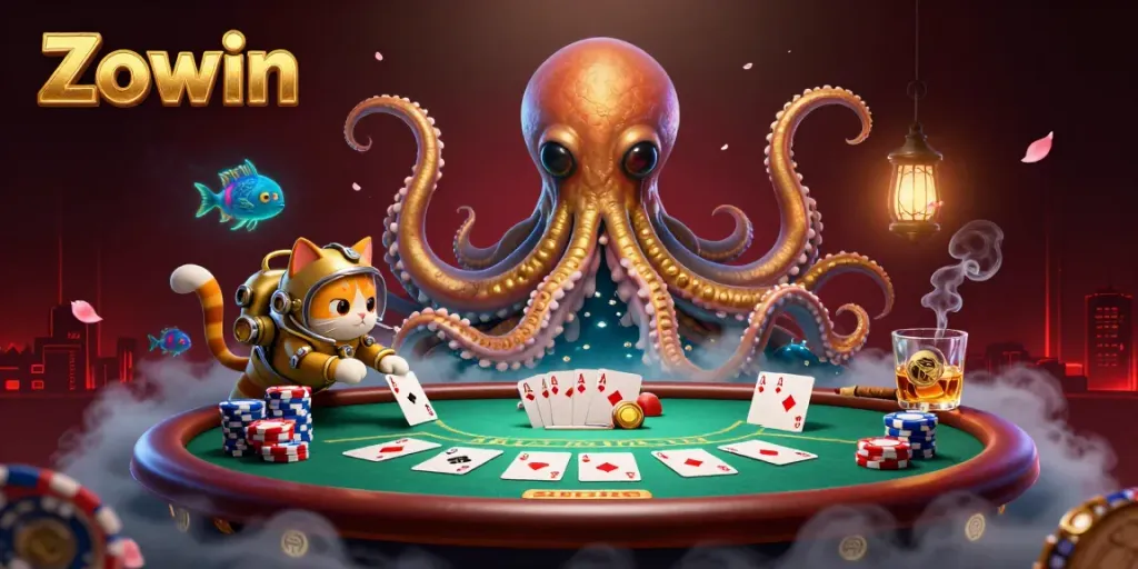 Zowin poker action scene featuring a kraken, diving cat, and colorful chips, full of excitement.