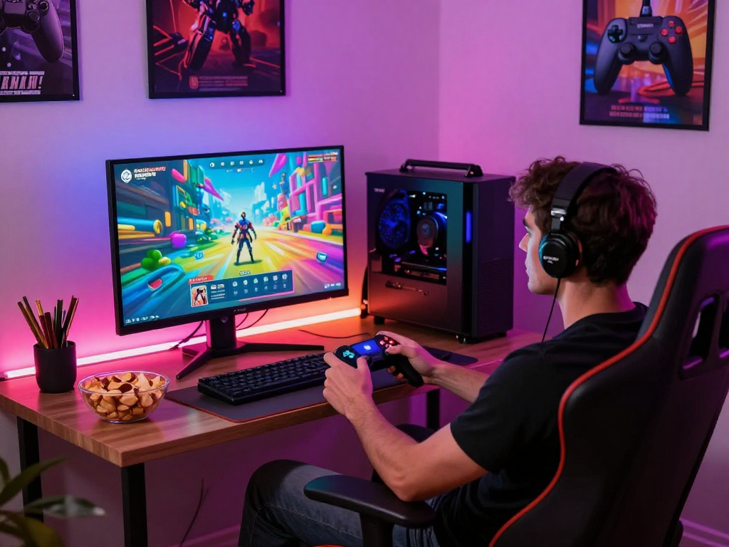 Immerse in an engaging porngame experience at home with a player enjoying vibrant graphics.