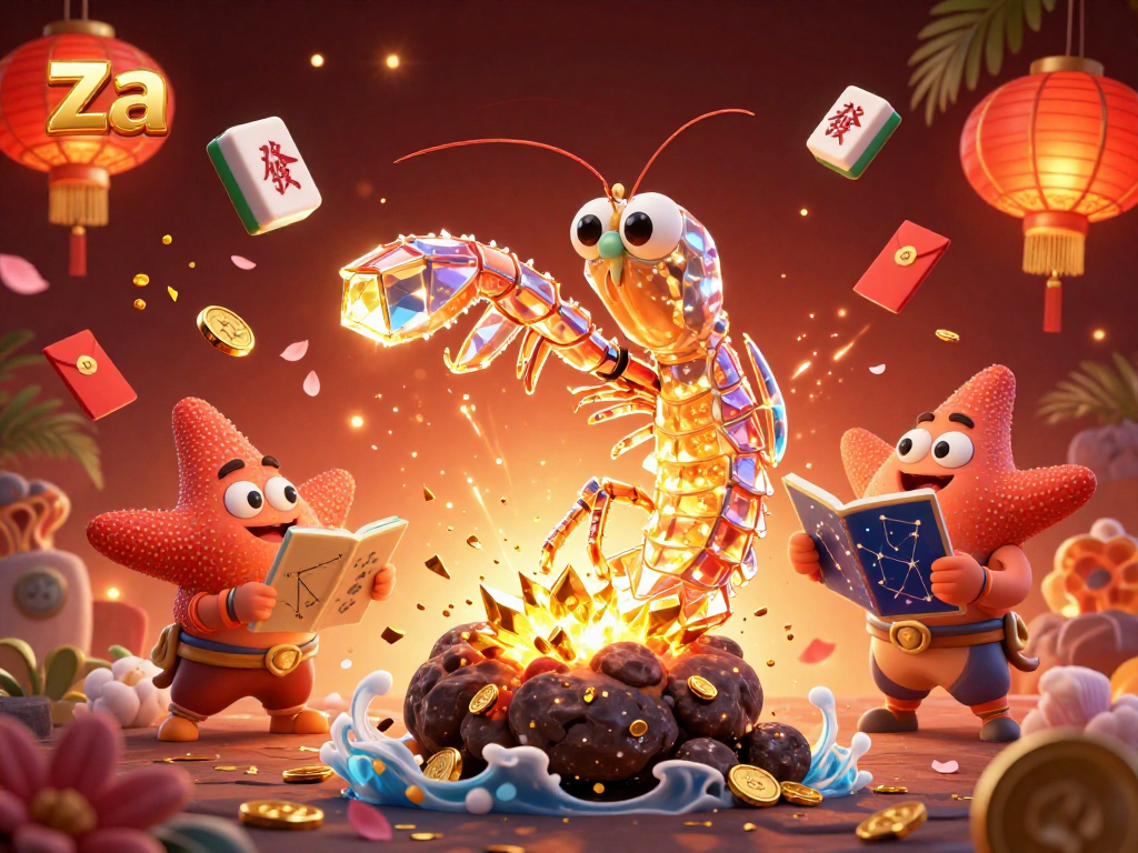 Engage with the thrilling scene as the za mantis shrimp bursts through an asteroid, unleashing gems for gamers.