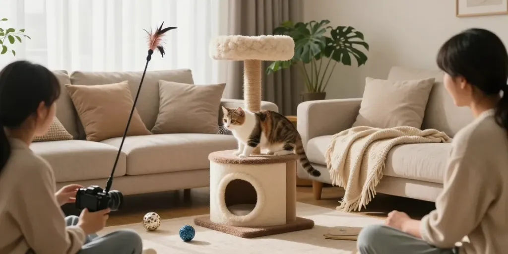 Cat cat tree in a cozy living room with a playful cat and soft furnishings.