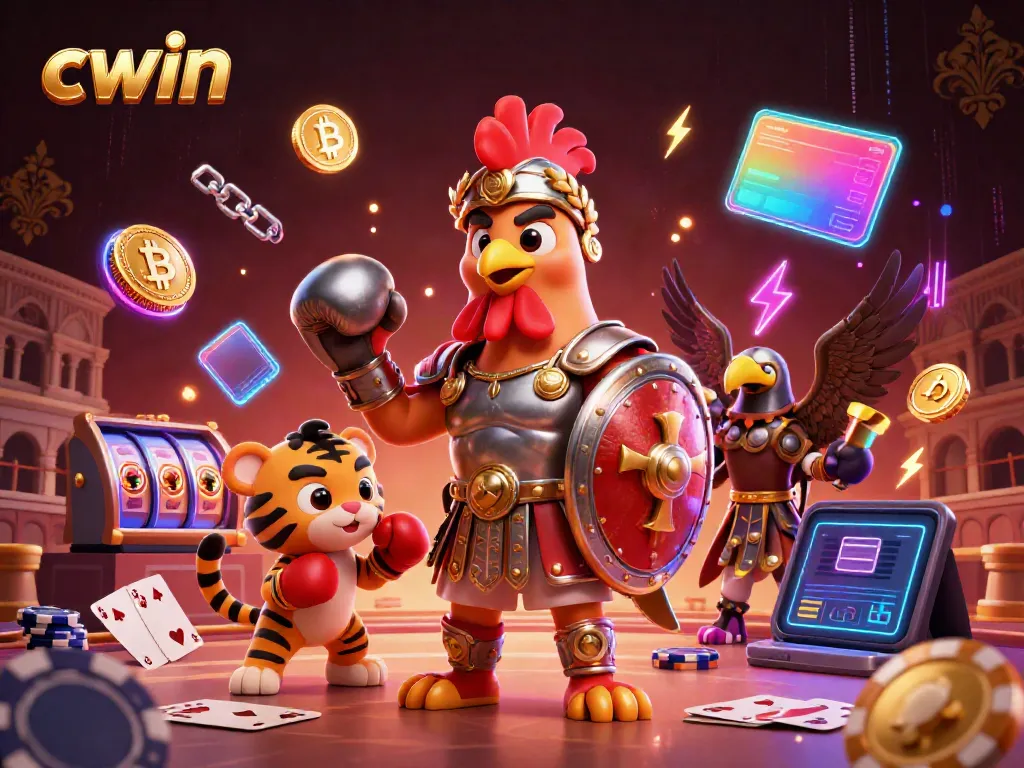 Experience thrilling moments at CWIN with a vibrant casino-themed 3D scene featuring a gladiator rooster and fun game elements.