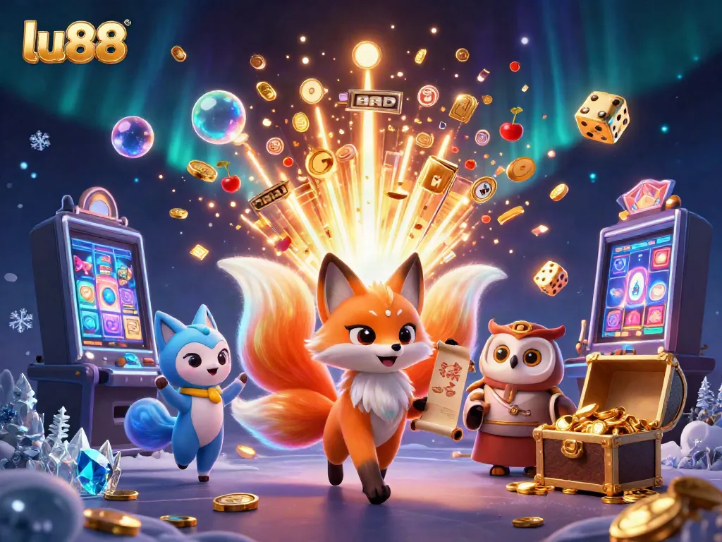 Experience thrilling gaming with lu88's vibrant 3D casino art featuring dynamic characters and jackpot elements.