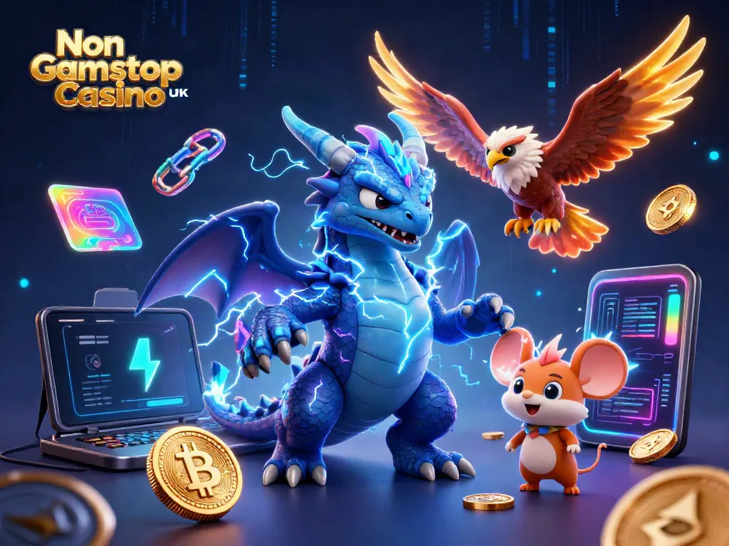 Engaging scene of the Non Gamstop Casino UK featuring dynamic characters and crypto elements in a vibrant casino setting.