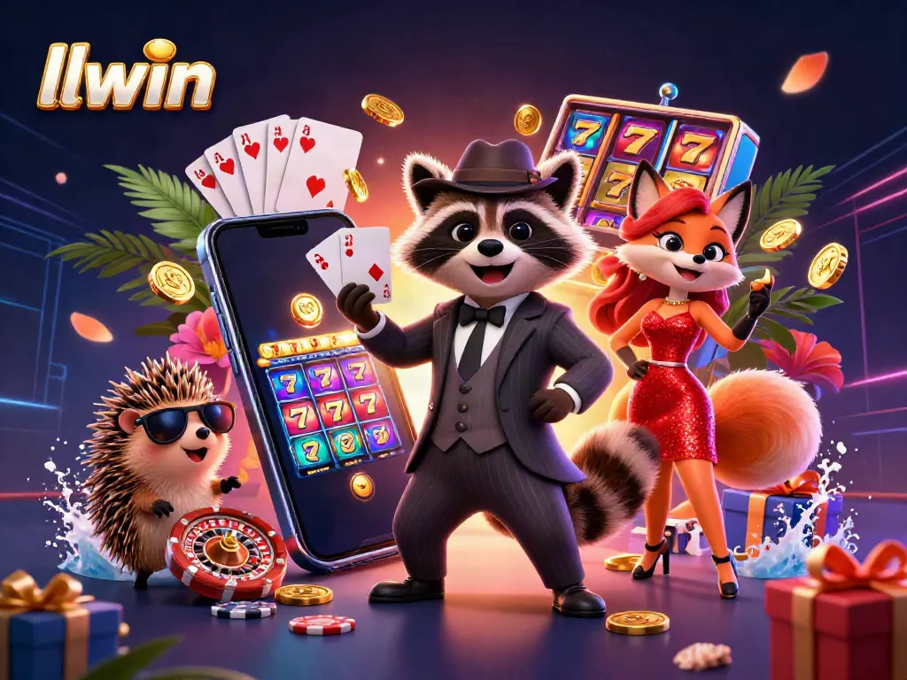 Experience excitement with llwin as a charming raccoon shows a royal flush amidst vibrant casino games and rich decorations.
