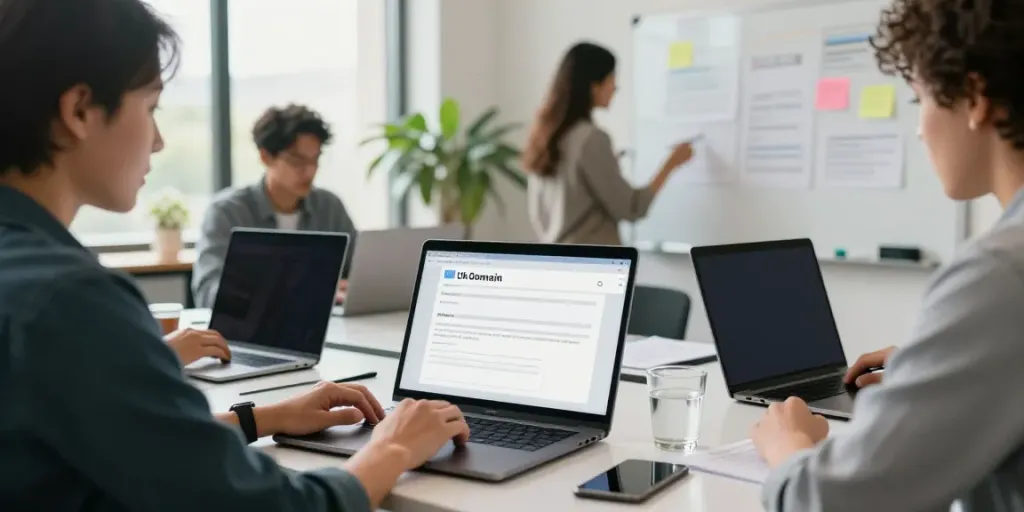 A team collaborating in a modern office environment while checking .uk domain registration on laptops, showcasing a vibrant workspace.