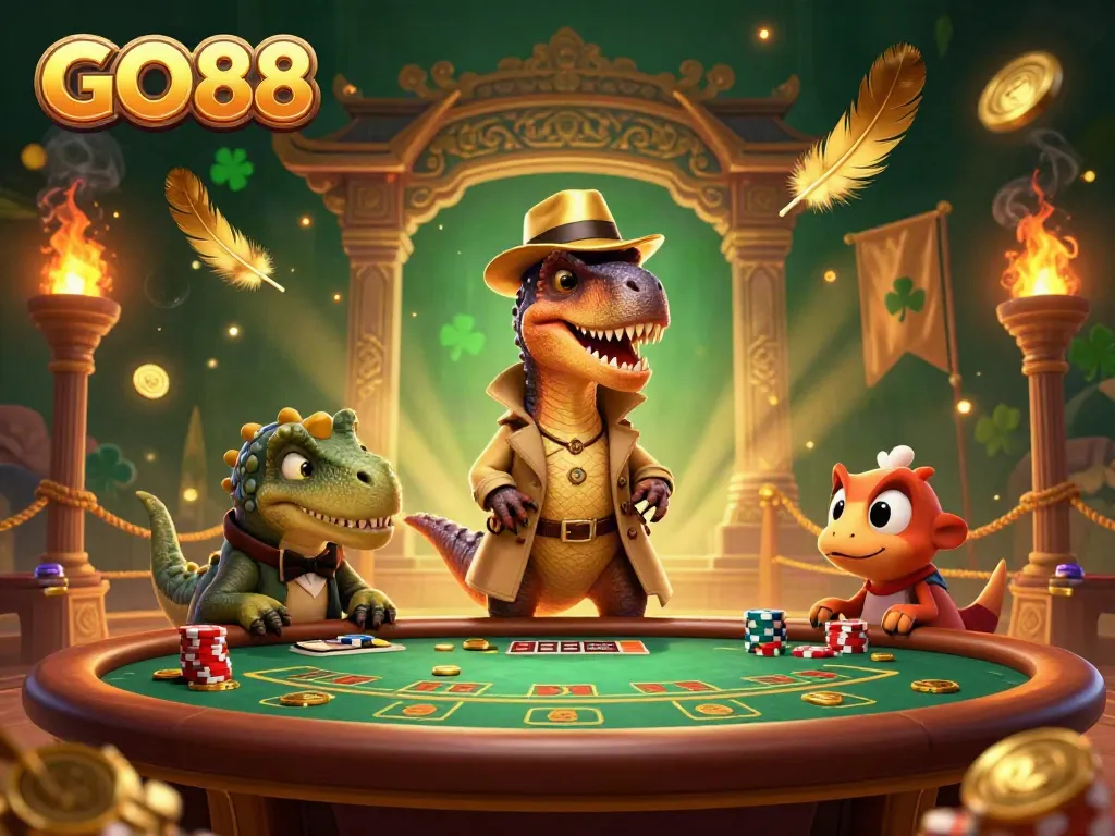 Experience GO88's thrilling blackjack with a velociraptor card counter and stegosaurus pit boss in a vibrant gaming arena.