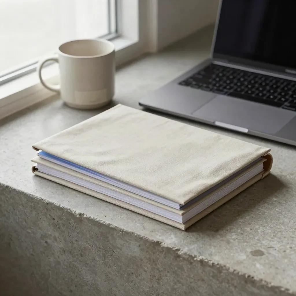 Three briefing folios, laptop and mug on a stone plinth with one folio sliding forward in blue-rim light