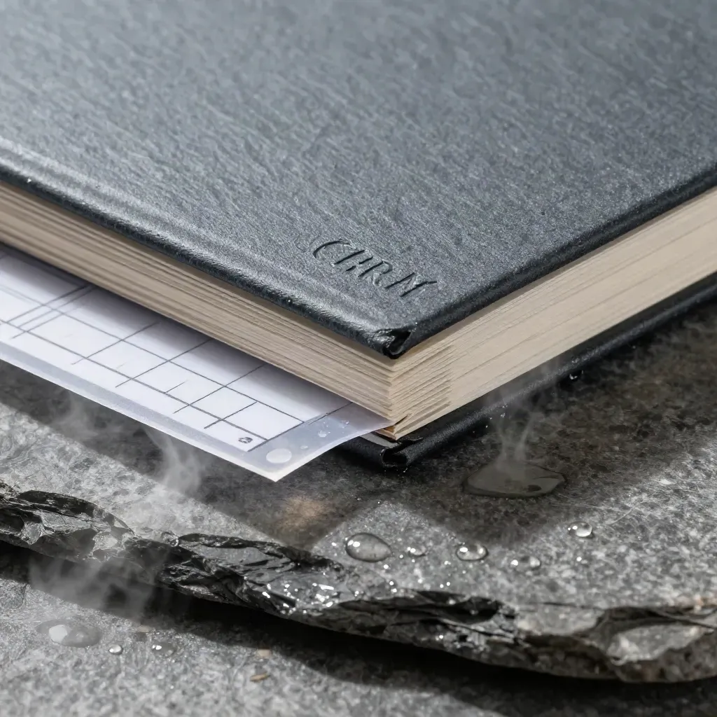 Slate CRM scorecard pack on wet stone with paper bands, translucent sheet, and steam.