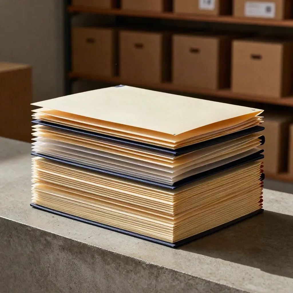 Audit kit folders and a sealed mailer on concrete, lit from upper left.
