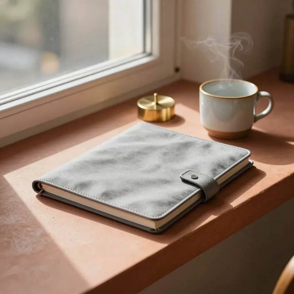 Lead gen playbook sleeve on a terracotta ledge with notebook, cup, and brass paperweight