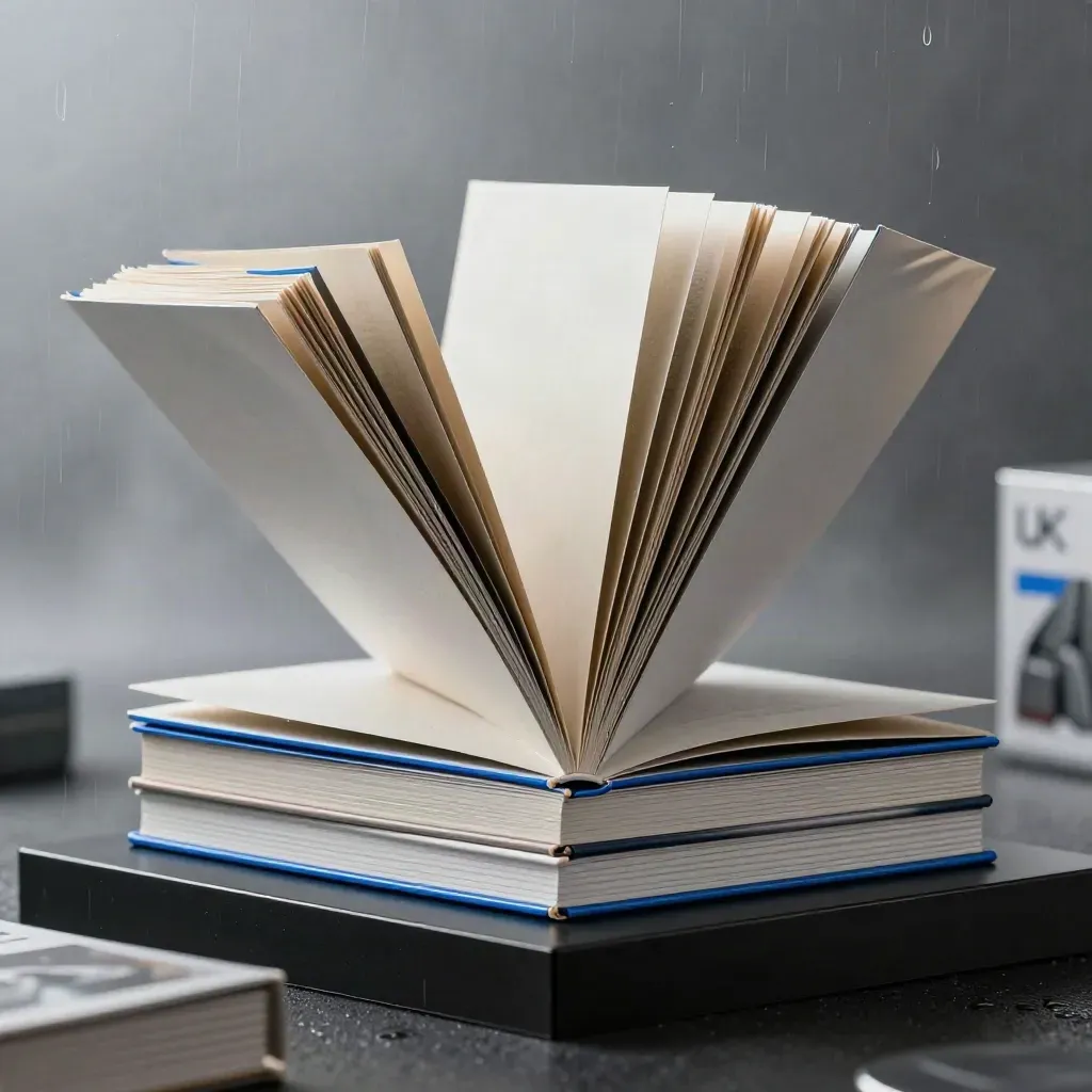 Burst-open blank folios and companion packs on black with cool blue glints and mist