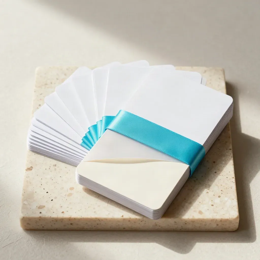 Overhead white CRM shortlist kit sleeve fanned with eight insert cards and a cyan band on travertine.