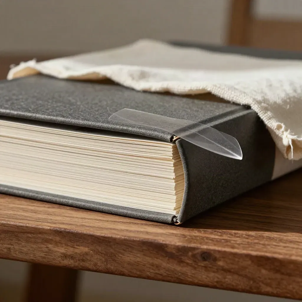 Macro of a premium handbook peeking from cotton wrap, with layered dividers on a walnut shelf.