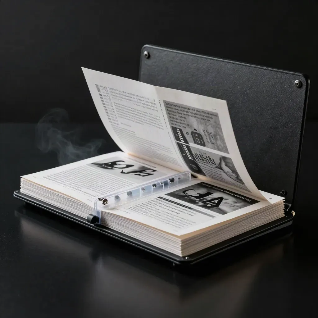 Automation test planner with translucent dividers and template pack on a dark studio plinth.