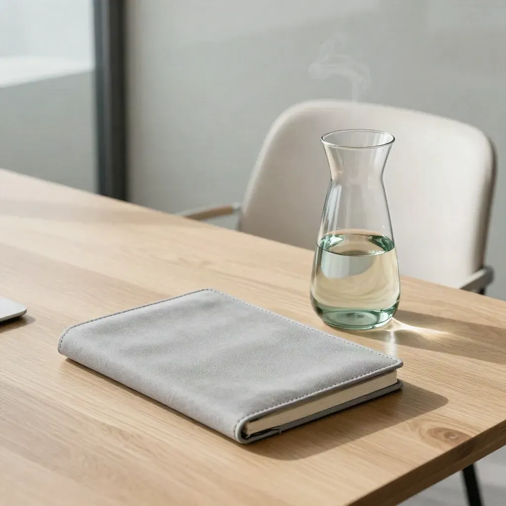 Event recap notes pack, closed notebook, glass carafe and empty chair in soft daylight