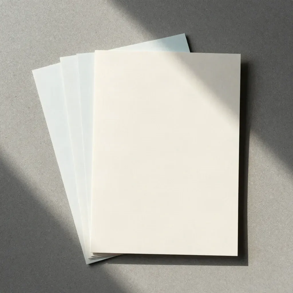 Overhead briefing bundle of blank paper slips and divider card on cool concrete