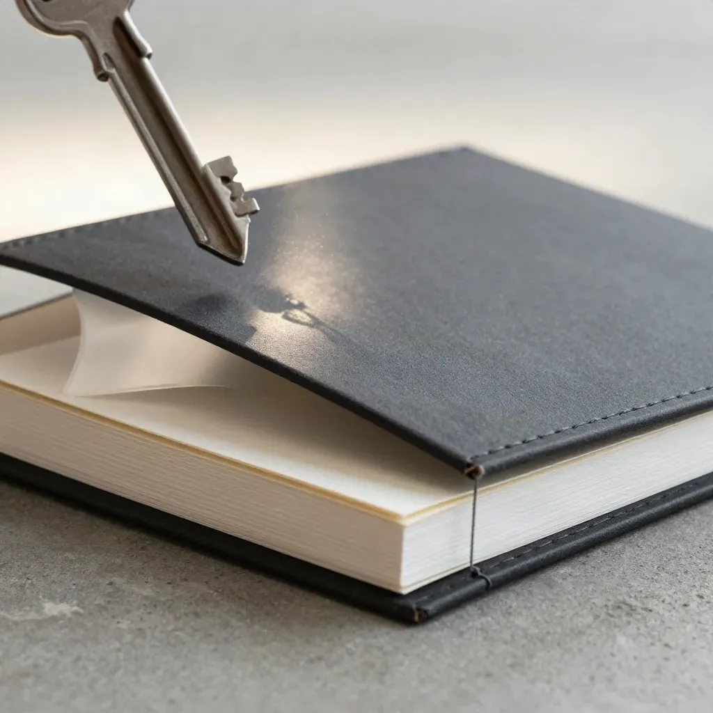 Macro of a blank card binder mid-open with layered inserts on cool concrete.