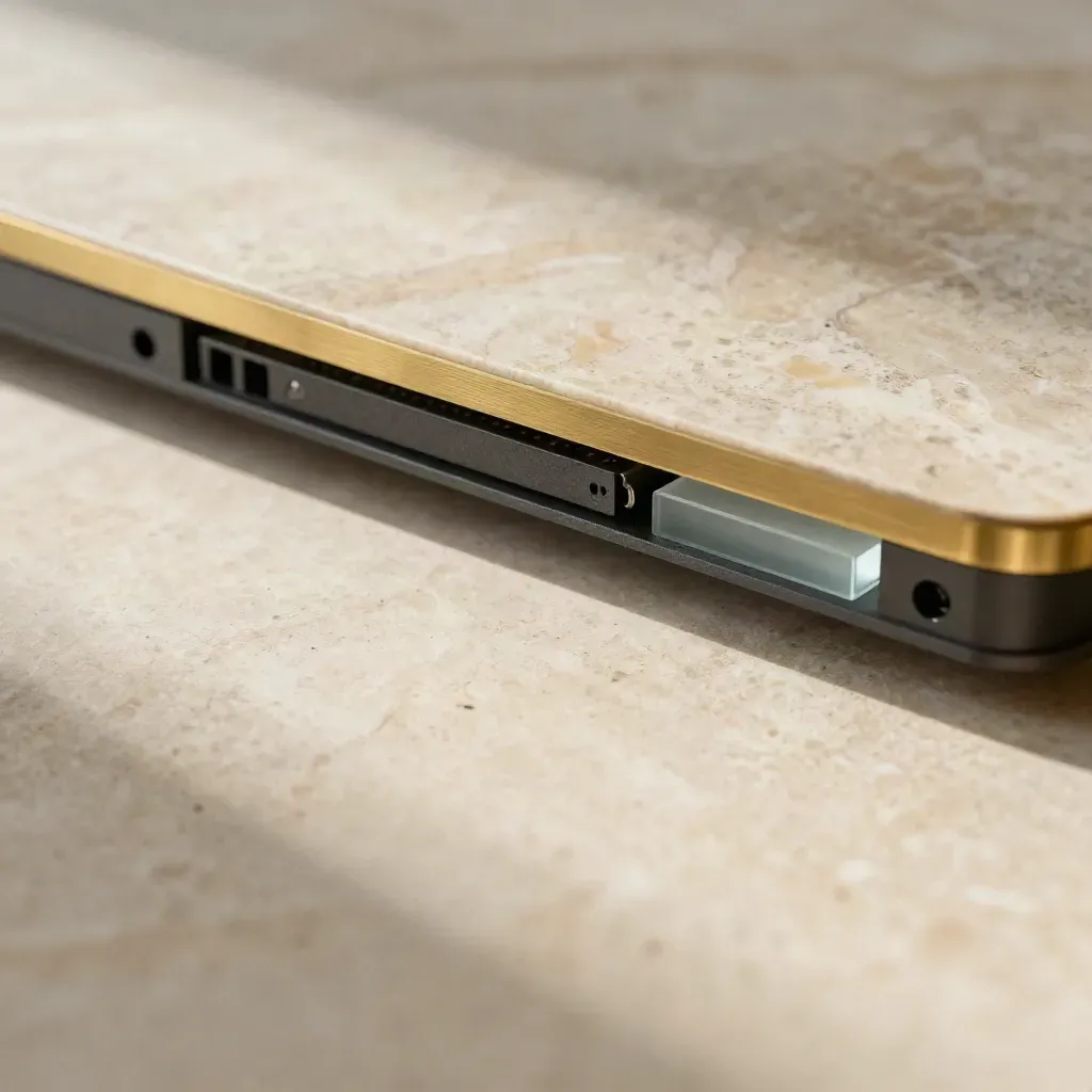 Warm marble macro with brass edge, slate detail, and calm copy space.