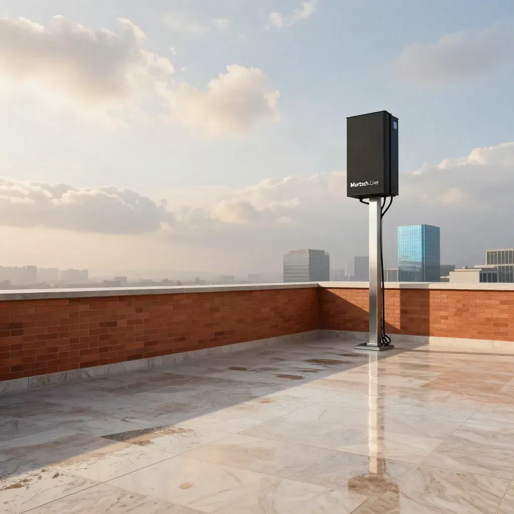 Rain-washed rooftop terrace at sunset with distant glass towers and open sky