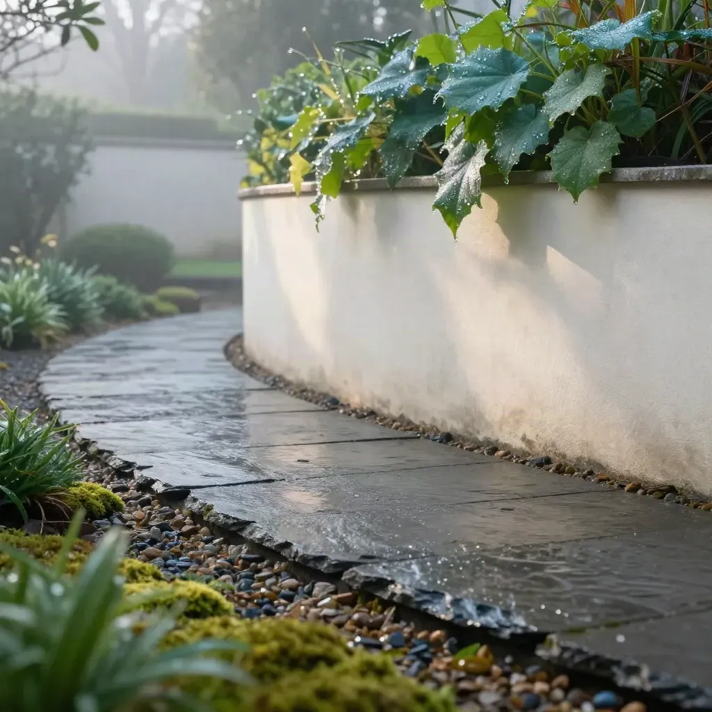 Rain-darkened slate path by clipped planting and a pale wall in soft dawn mist.