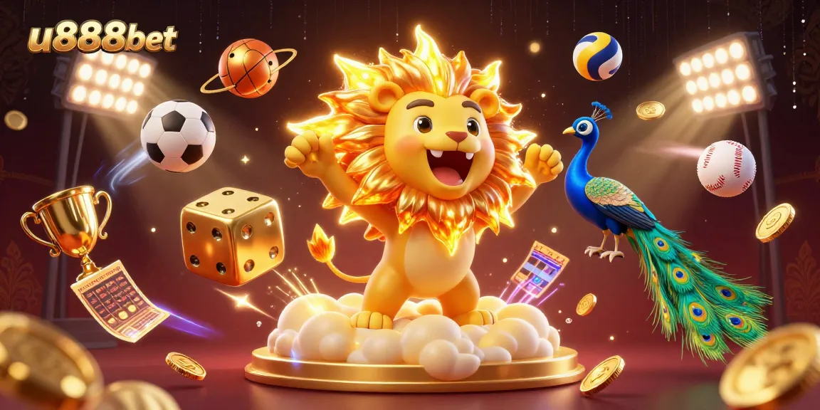 Experience thrilling gameplay with u888bet's vibrant 3D casino illustration of sports and casino elements.