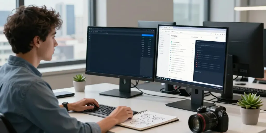 Digital marketer analyzing SEO data and instant indexing tools in a modern workspace.