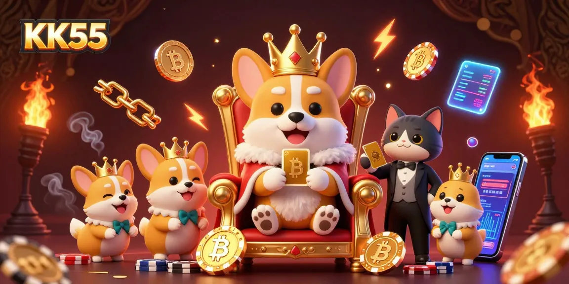 Experience the thrilling world of KK55 with royal corgis and golden card decks in an exciting casino scene.