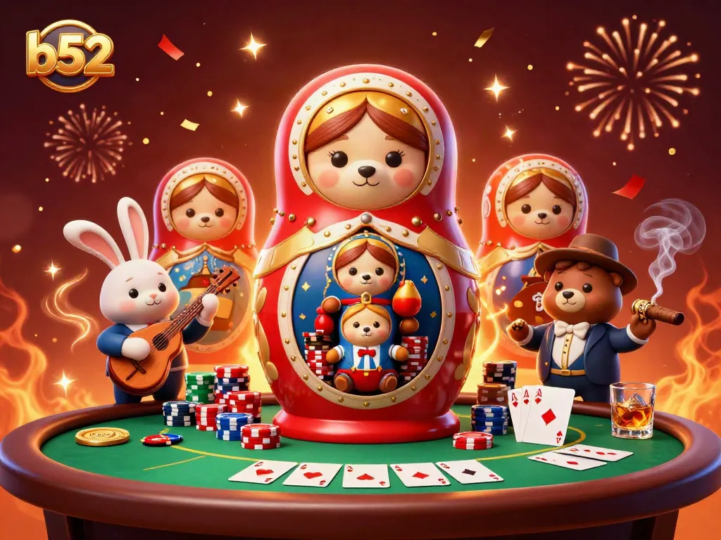 Experience the thrill of b52 gaming with a vibrant casino scene featuring charming characters.