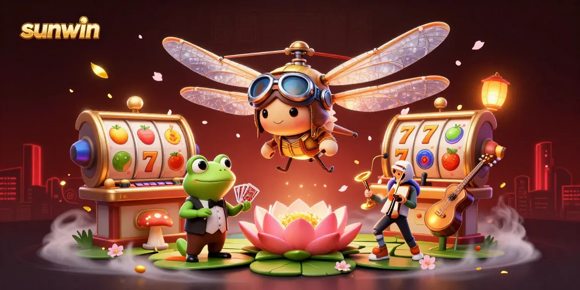 Experience the thrilling sunwin casino with a cartoon dragonfly and frog in an engaging gaming scene.