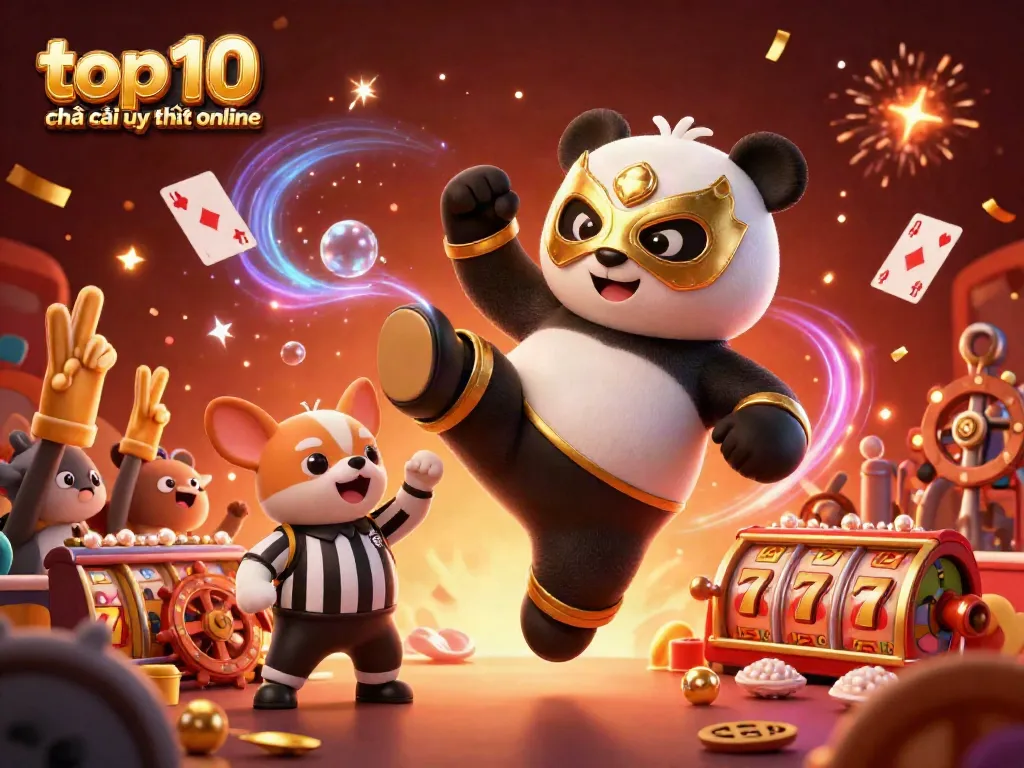 Experience the excitement of top 10 nhà cái uy tín online with a roaring casino scene featuring animated characters.