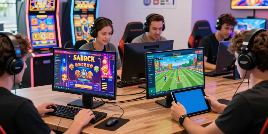Engaged players exploring the vibrant DEBET online gaming platform on various devices in an exciting environment.