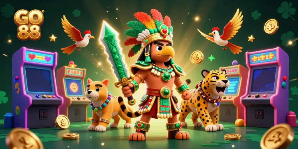 Engage in thrilling action with GO 88's vibrant gaming scene featuring epic characters and casino elements.