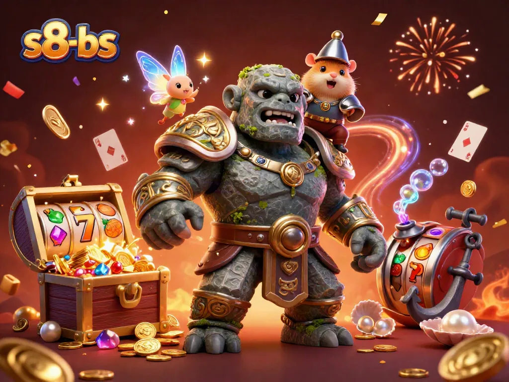 s8-bs brings a fantasy adventure with a golem, fairy, and hamster knight surrounded by magical casino symbols.