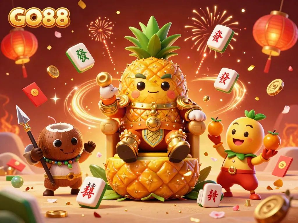 Experience the vibrant GO88 beach casino with the pineapple king, coconut bodyguards, and dynamic game elements.
