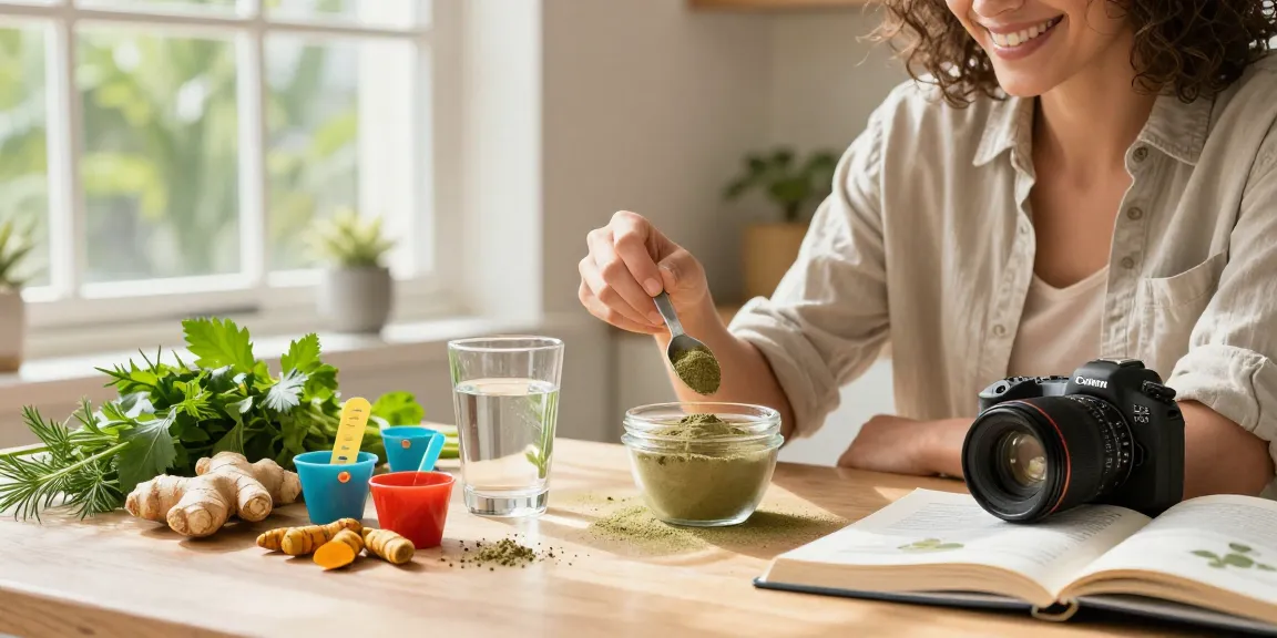 Happy Go Leafy brand Green Malay Kratom powder preparation scene in a bright kitchen.