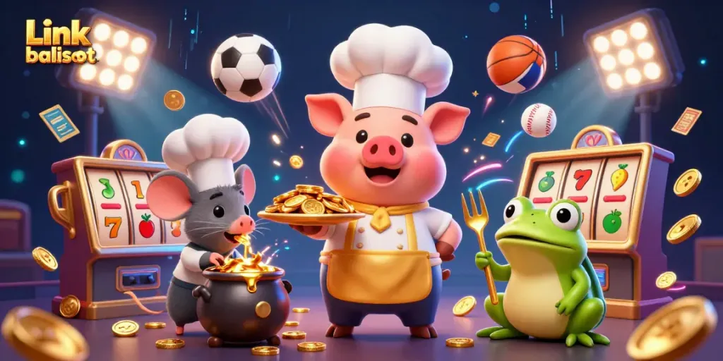 Engage with the dynamic Link balislot scene featuring a chef pig serving gold coins in a vibrant casino atmosphere.