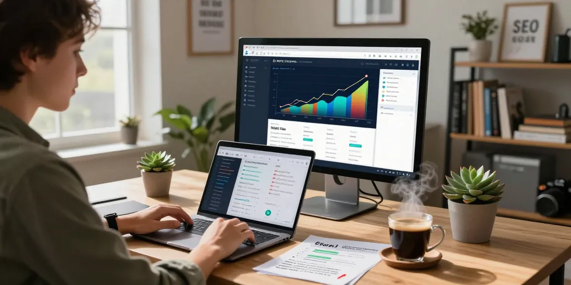 SEO expert leveraging AI SEO tools in a modern home office to optimize digital marketing strategies