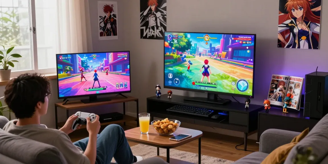 Player enjoying a captivating hentai game on a console, colorful gameplay enriched by anime aesthetics.
