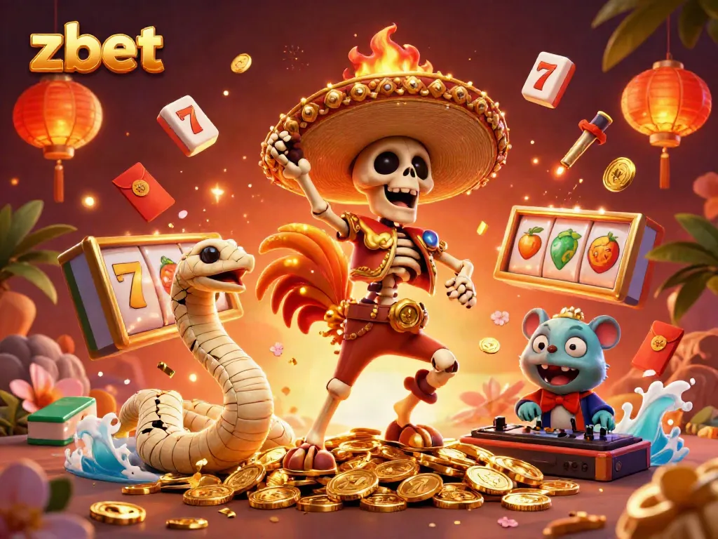 Engage with ZBET's vibrant online casino experience featuring thrilling slot games, golden elements, and festive characters.