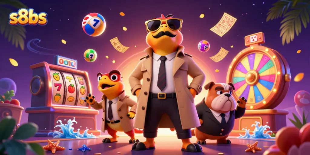 Experience the vibrant energy of s8bs gaming with cartoon raptors in a VIP casino scene.