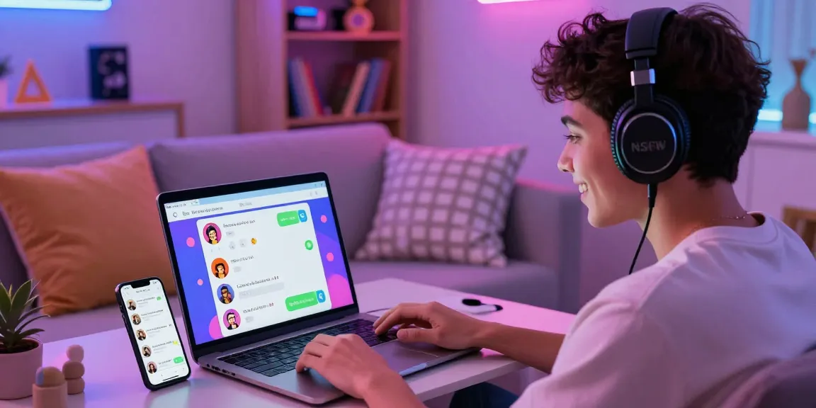 Person enjoying an NSFW AI chat on a modern laptop in a vibrant room setting.