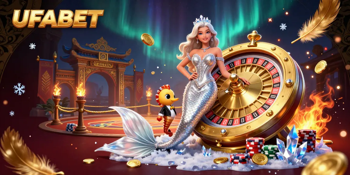 Experience thrilling UFABET gaming with a lavish casino scene featuring a mermaid, roulette wheel, and fun gambling elements.