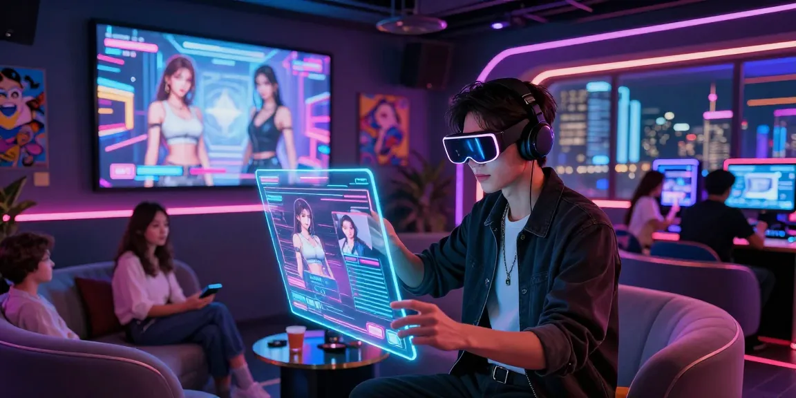 Dynamic urban nightlife with ecchi AI avatars in a virtual lounge setting.