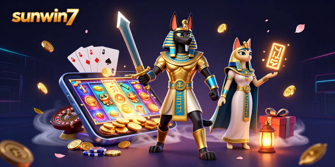 Experience exciting slot games like sunwin7 with Anubis and Bastet in a dazzling casino scene.