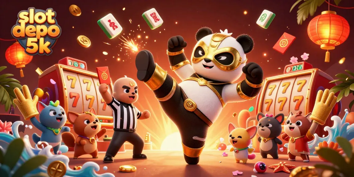Experience thrilling action with slot depo 5k as a wrestler mascots while surrounded by festive casino elements.